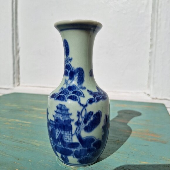 Vintage Porcelain Bud Vase Hand Painted Ancient Chinese Makers Mark Blue Decor - Picture 5 of 14
